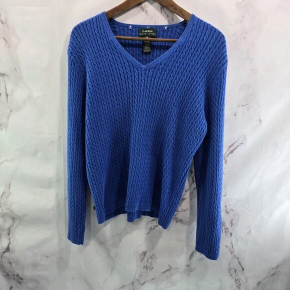 LRL Ralph Lauren Sweater Womens XL Blue V Neck Cable Knit Lightweight Vintage - Picture 1 of 9